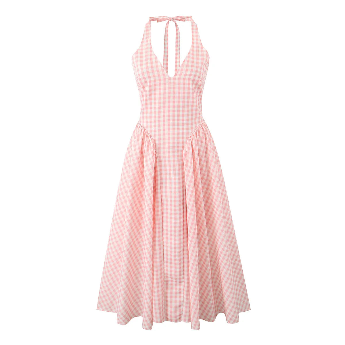 Lilienne Pink Gingham Halter Neck Midi Dress – Summer Picnic Party Dress with Open Back