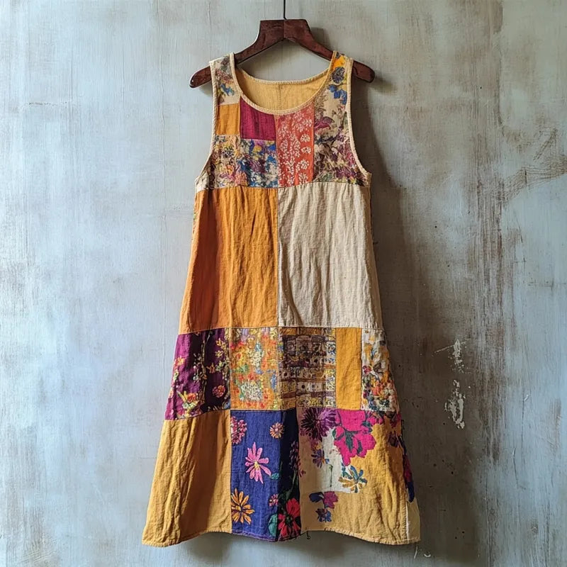 Vintage Boho Patchwork Linen Tank Dress ba01