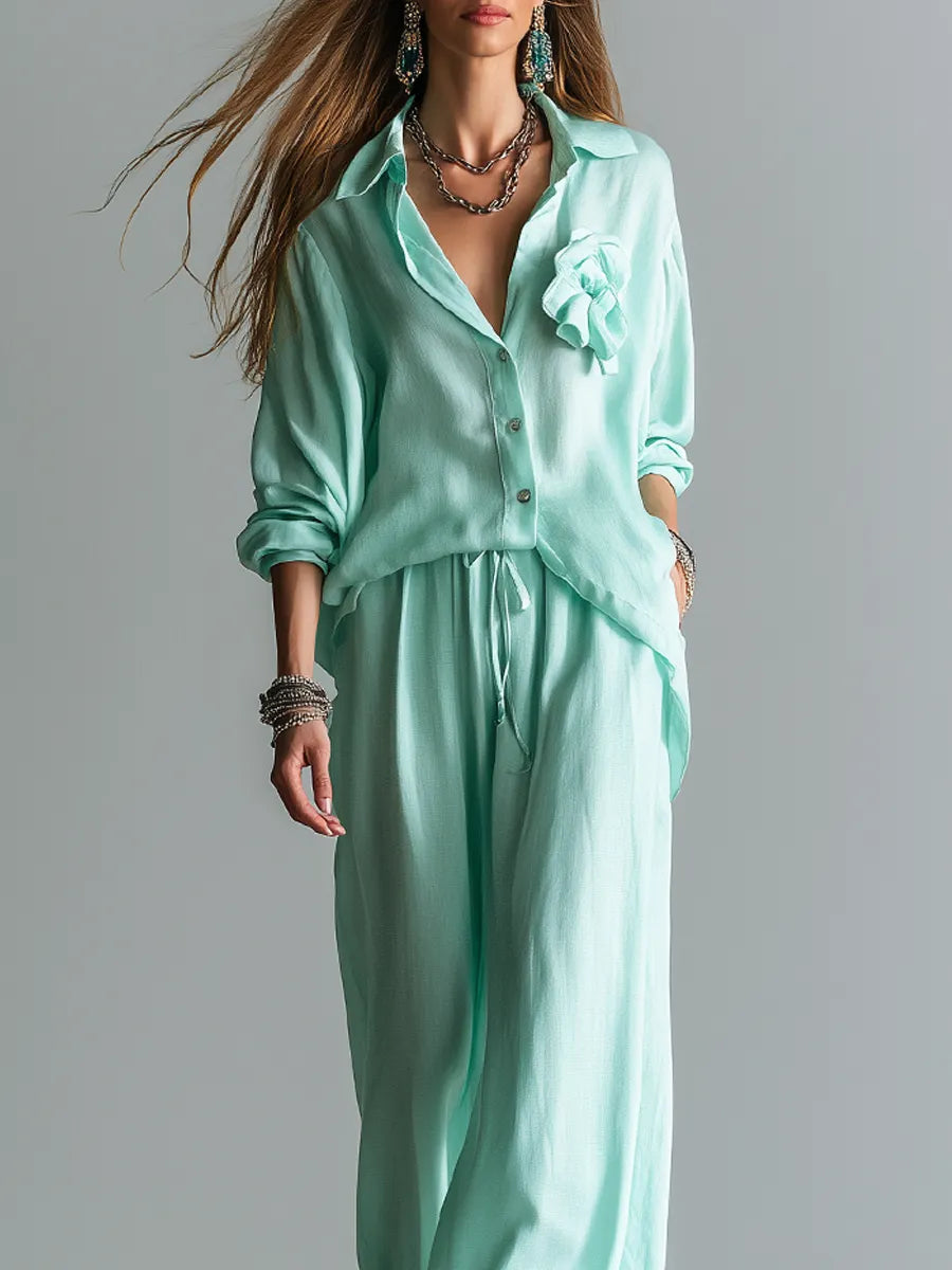 Light Mint Green Floral Shirt And Wide-leg Pants Set