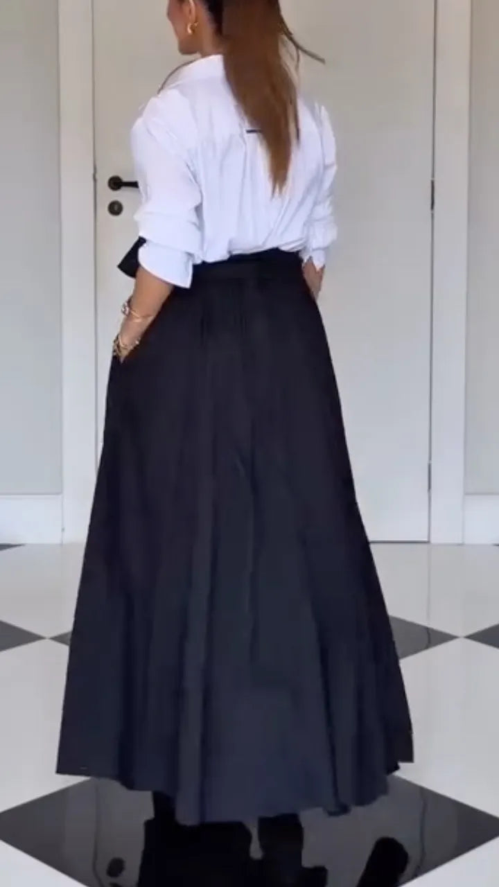 White Collared Shirt & Black Bow‑Tie Maxi Skirt Outfit