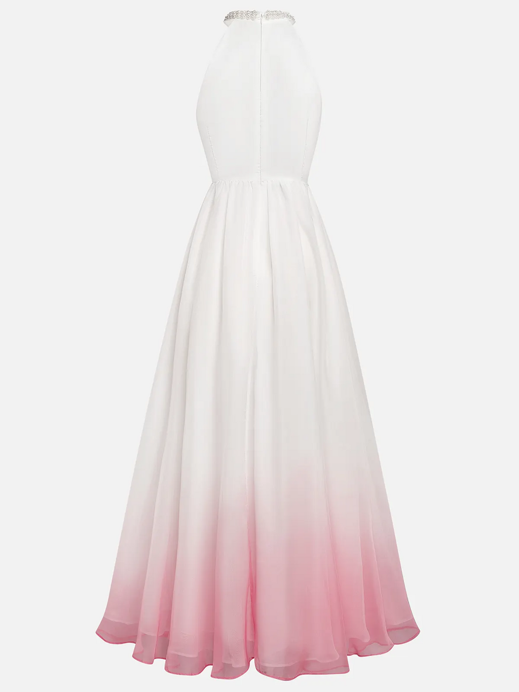 Pink Chiffon Halter Ombre Imitation Pearls Cut Out Sleeveless A-Line Mock Neck Maxi Dress