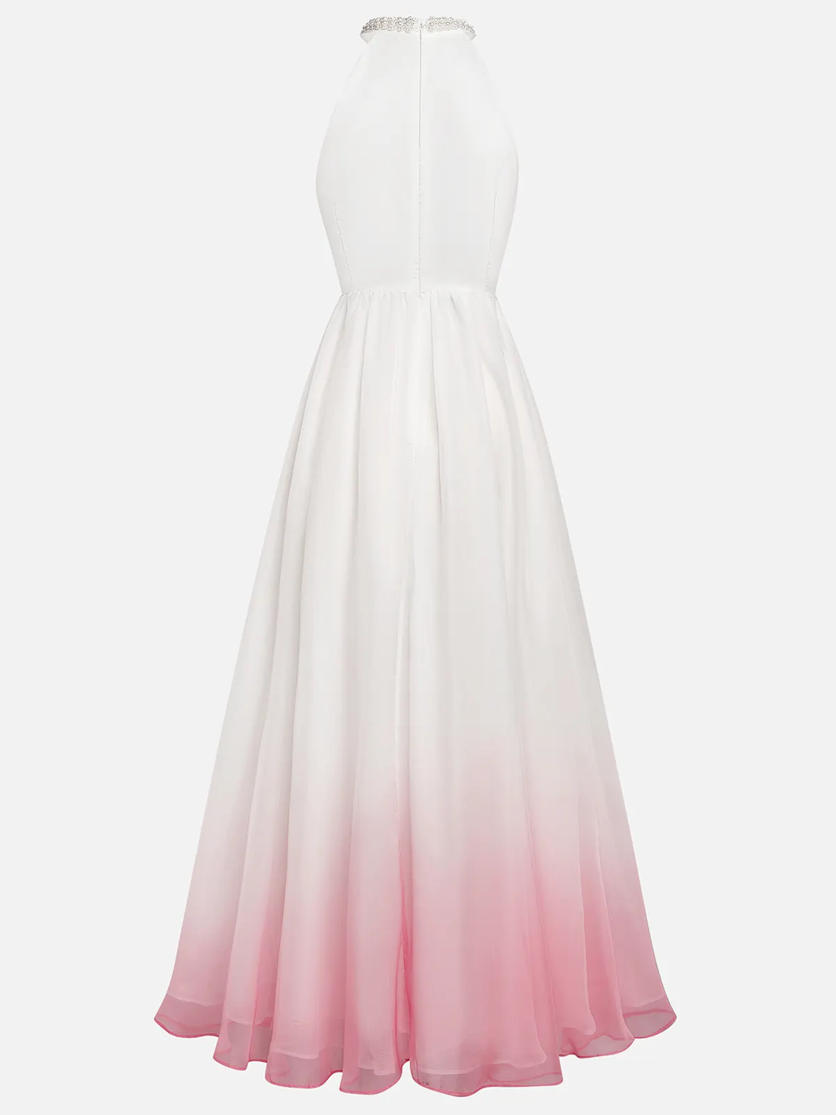 Pink Chiffon Halter Ombre Imitation Pearls Cut Out Sleeveless A-Line Mock Neck Maxi Dress