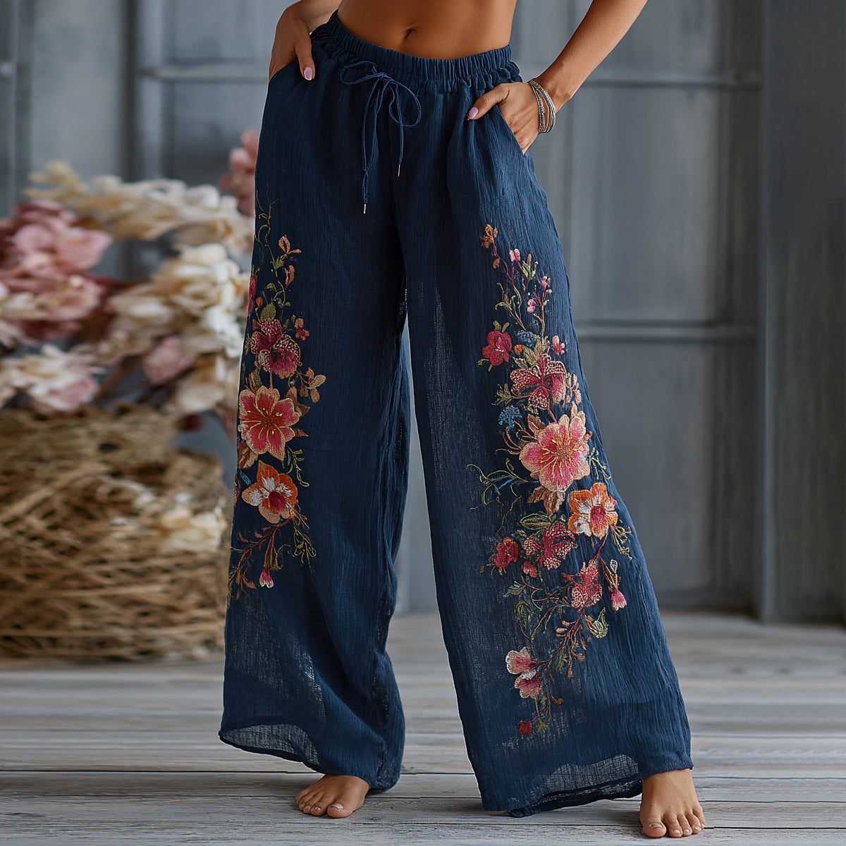 Women's Boho Floral Pattern Linen Pants