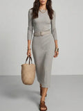 Soft Grey Ribbed Knit Midi Dress