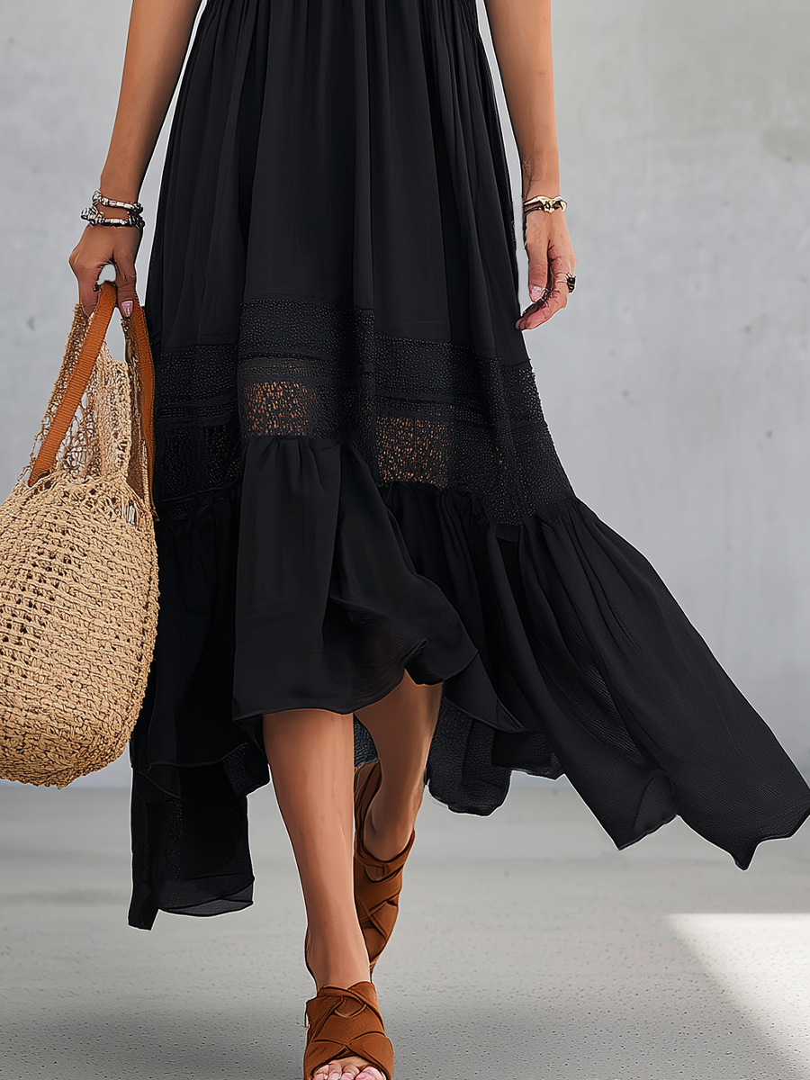 Graceful Black Lace V-Neck Midi Dress