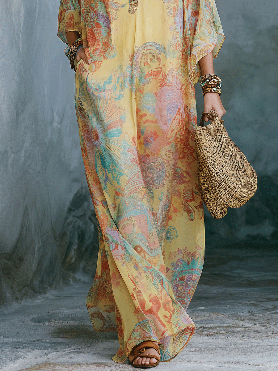 Elegant Vacation Golden Sunset Boho Oversized Caftan Maxi Dress