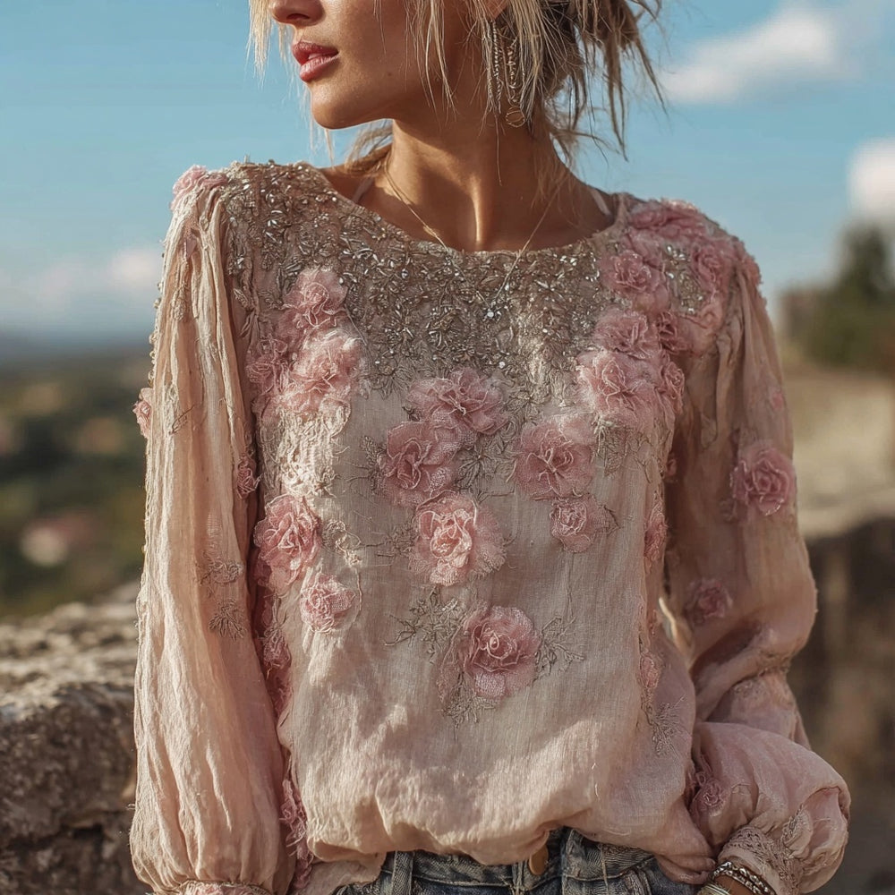 Vintage Boho Pink Roses Embroidered Cozy Linen Tunic