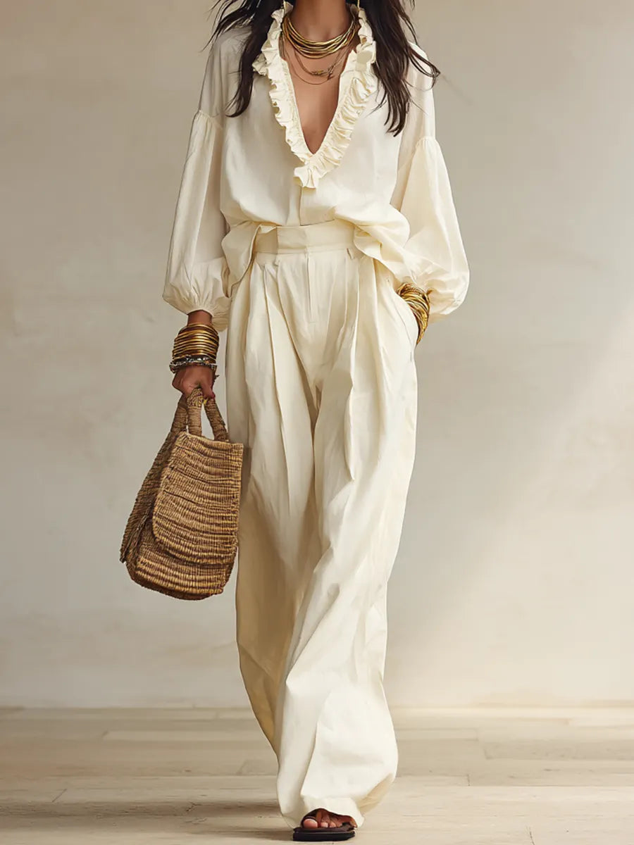 Elegant Ivory Lightweight Cotton-blend Ruffled  Wide-leg Trousers Set