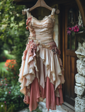 Summer ruffled cotton and linen patchwork contrast color dress 8dde