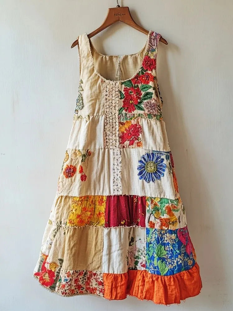 Boho Lace Floral Patchwork Linen Blend Dress e4c0