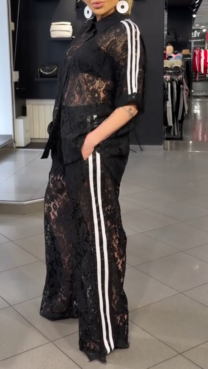 Black Lace Lapel Striped 2 Piece Set