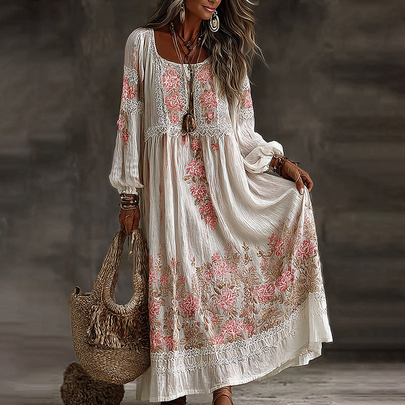 Women's Vintage Vacation Floral Art Flowy Linen Blend Casual Round Neck Long Sleeve Maxi Dress