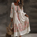 Women's Vintage Vacation Floral Art Flowy Linen Blend Casual Round Neck Long Sleeve Maxi Dress