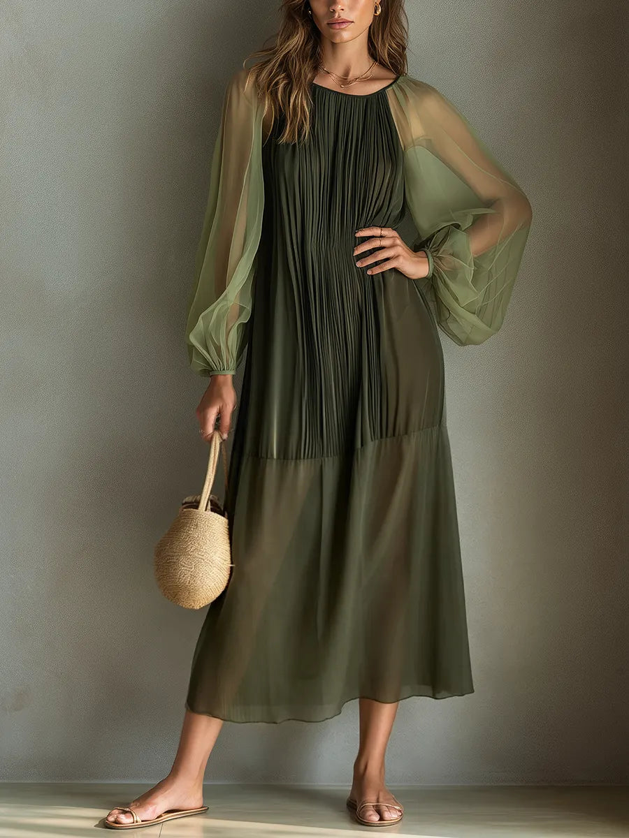 Flowy Olive Sheer Pleated Midi Dress