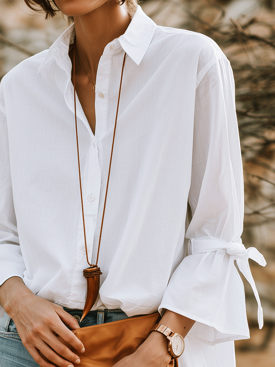 Effortless Chic Cotton Bell-Sleeve Tie-Cuff High-Low White Shirt