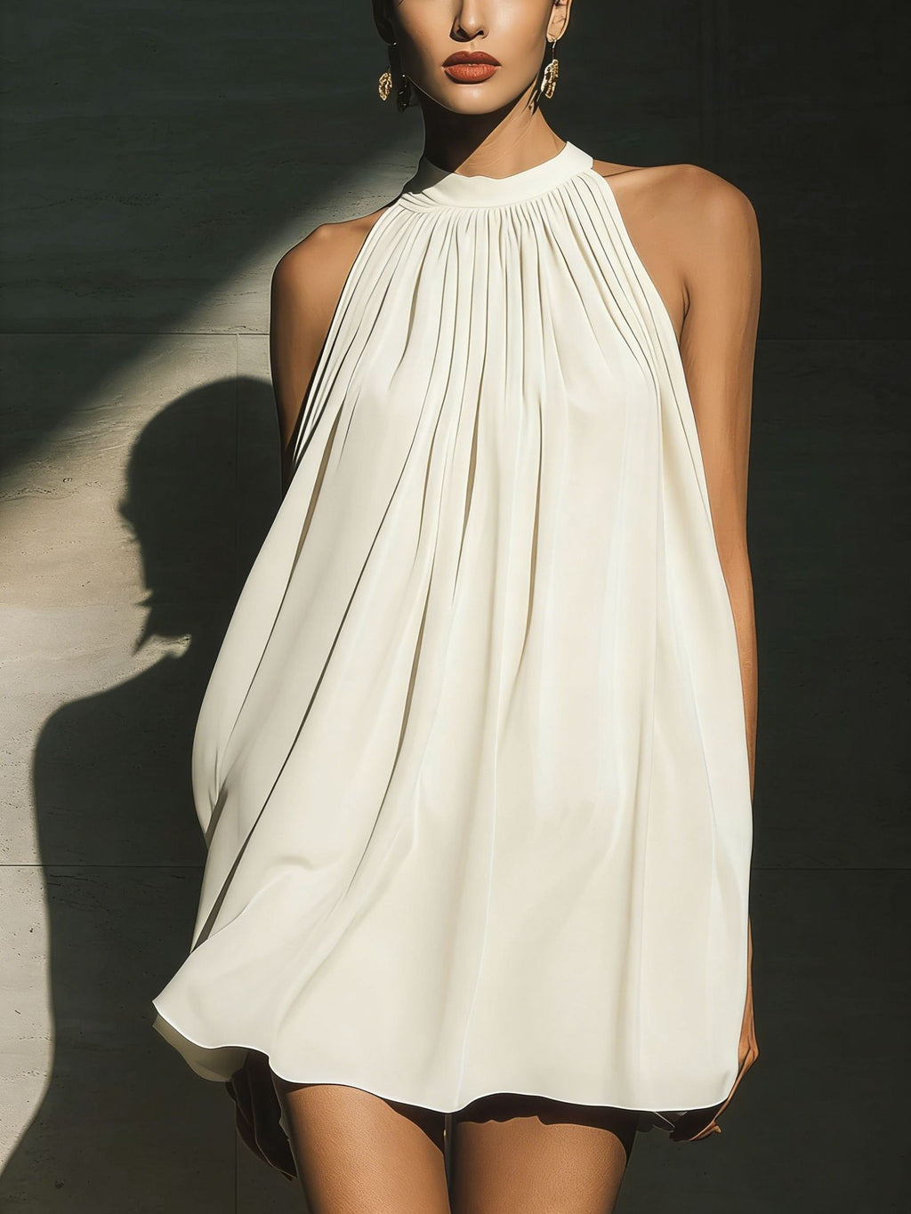 Women's Elegant Halter Neck Pleated Mini Dress - Silk-Touch Loose Flowy Party Swing Dress