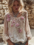 Vintage Pink Flowers Embroidered Long Sleeve Linen Tunic