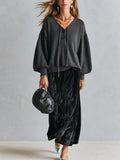 Bohemian Black Knit Top And Velvet Skirt Set