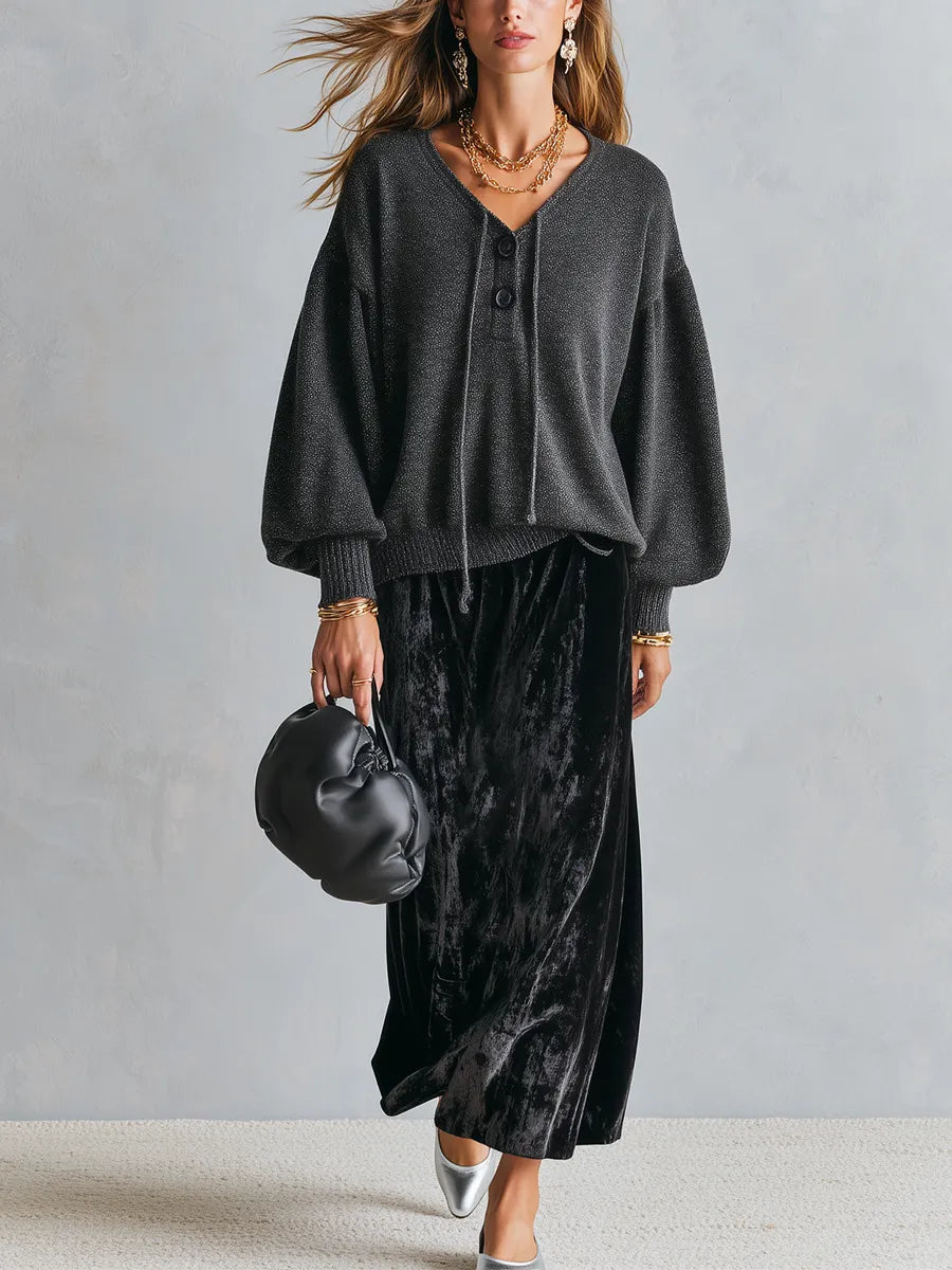 Bohemian Black Knit Top And Velvet Skirt Set