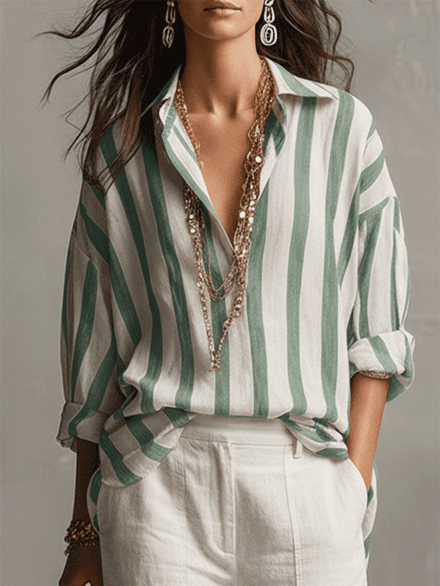 Casual Striped Cotton And Linen Long-Sleeved Shirt