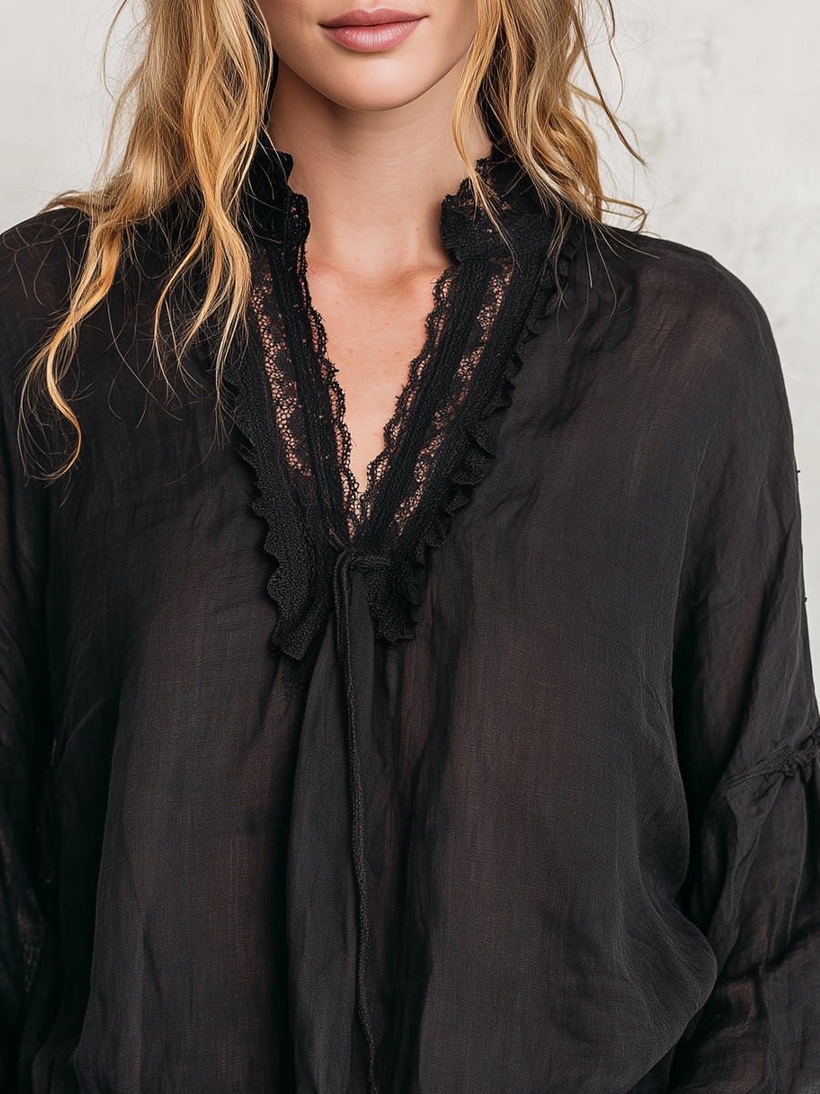Bohemian Black Lace Tie-front Shirt