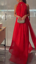 Halter-Neck Chiffon Jumpsuit + Matching Flowy Long Shawl Set