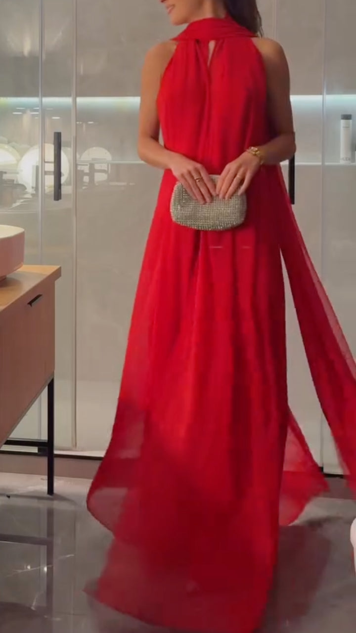 Halter-Neck Chiffon Jumpsuit + Matching Flowy Long Shawl Set