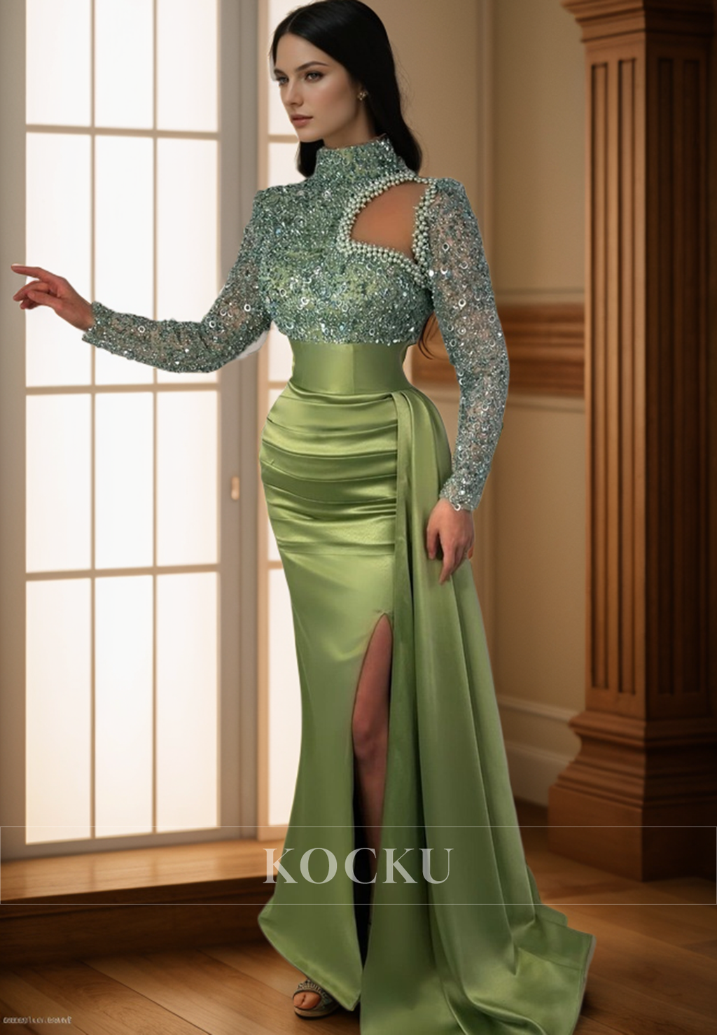 L3092 - Couture & Ornate High Neck Sequined Long sleeves Sheath Evening Party Prom Dress