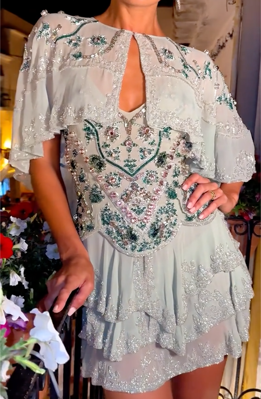 Black/White/Green Beaded Chiffon Capelet Mini Dress with Tiered Ruffle Skirt