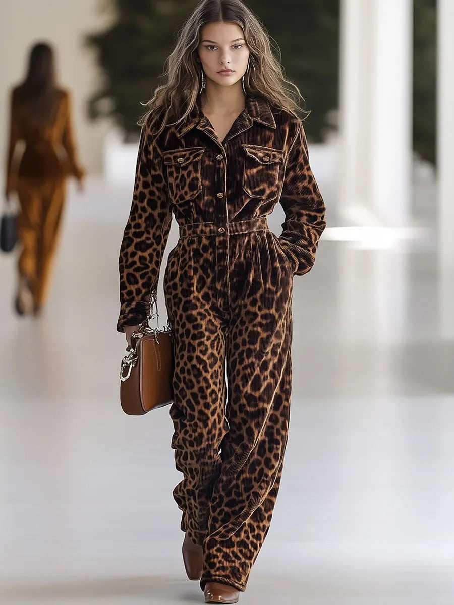 [24-hour shipping out]Casual Loose Retro Corduroy Leopard Print Multi-Pocket Long Sleeve Jumpsuit