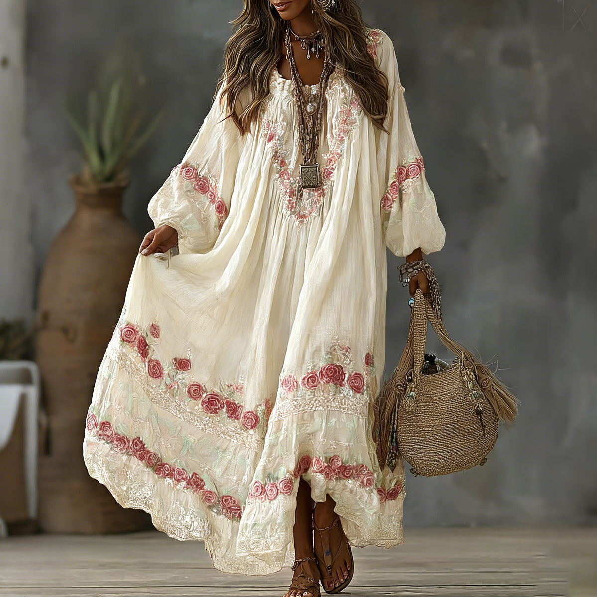 Women's Vintage Floral Art Print Flowy Linen Blend Casual Long Sleeve Maxi Dress