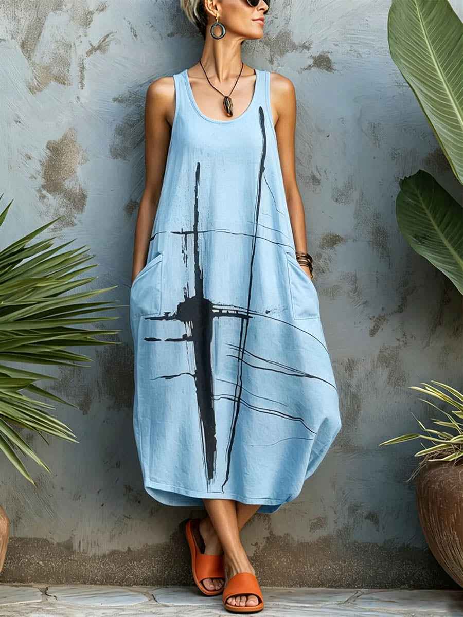 Women's Abstract Print Round-neck Sleeveless Loose-fit Cotton-linen Casual Dress