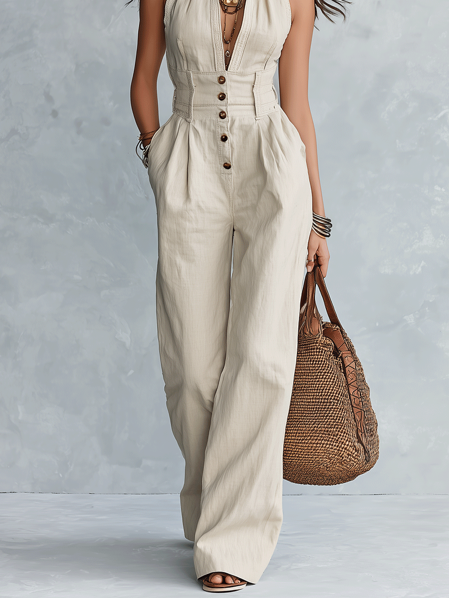 Bohemian Linen Resort Ivory Halter Button-Front Jumpsuit