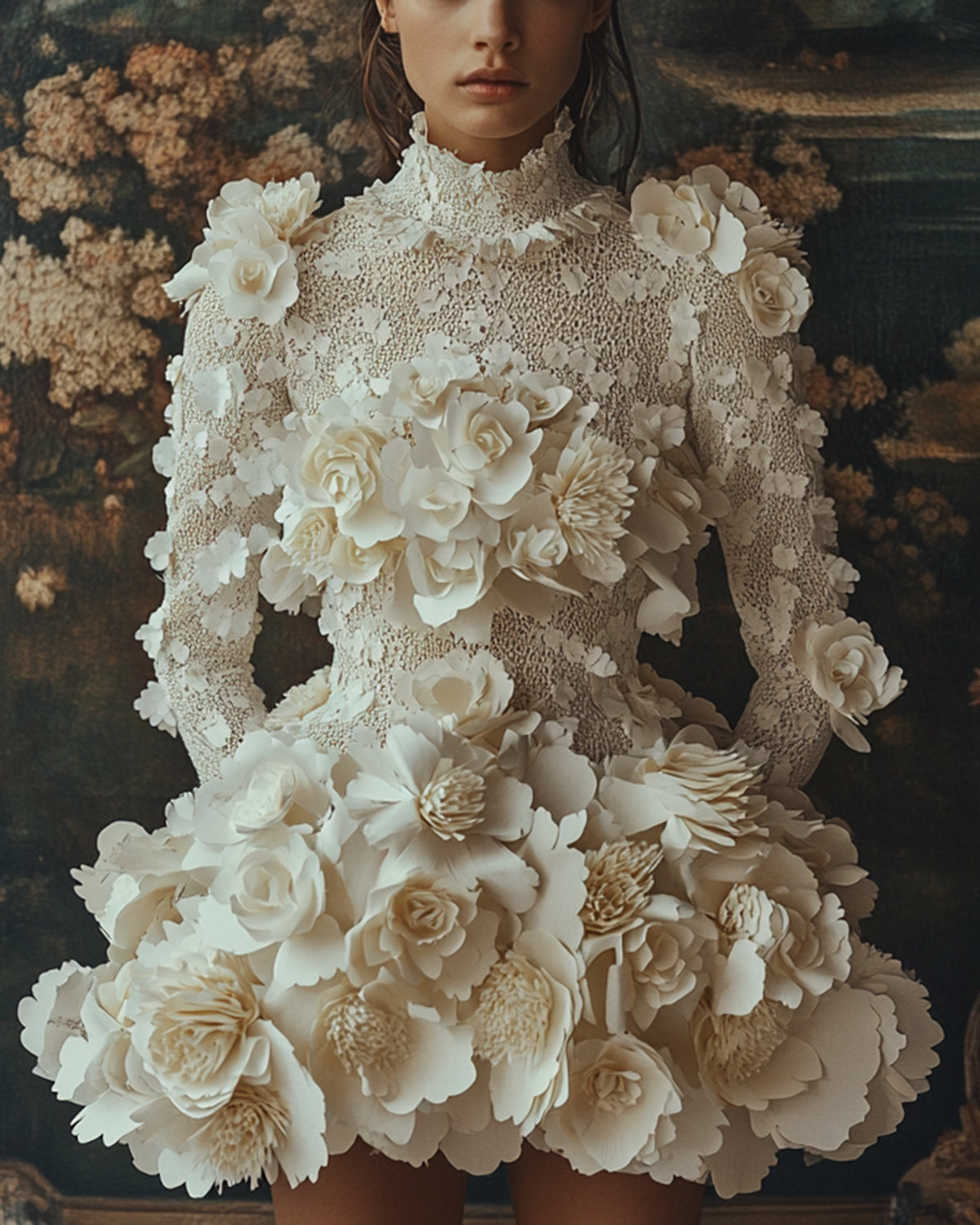 Women's Long Sleeve Lace 3D Flower Embroidery Dress