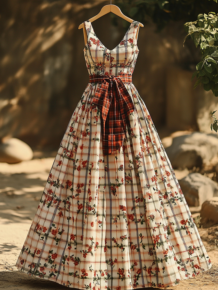Women's Vintage Floral Plaid Pattern Cotton And Linen Sleeveless Dress