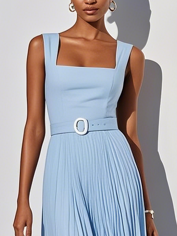 Light Blue Pleated Classic Square Neck Sleeveless A-Line Midi Dress