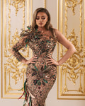 Amiara One Shoulder Dress with Beads and Feathers