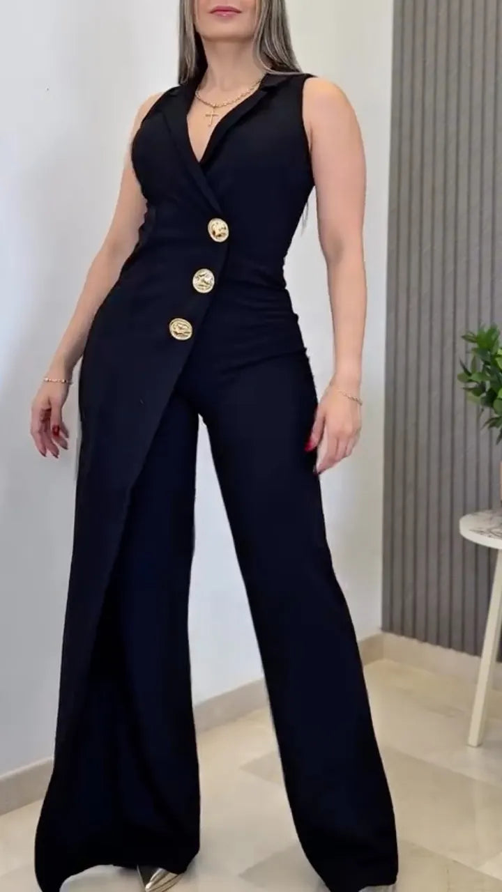 Women's Collared Button Irregular Faux Two-Piece Jumpsuit