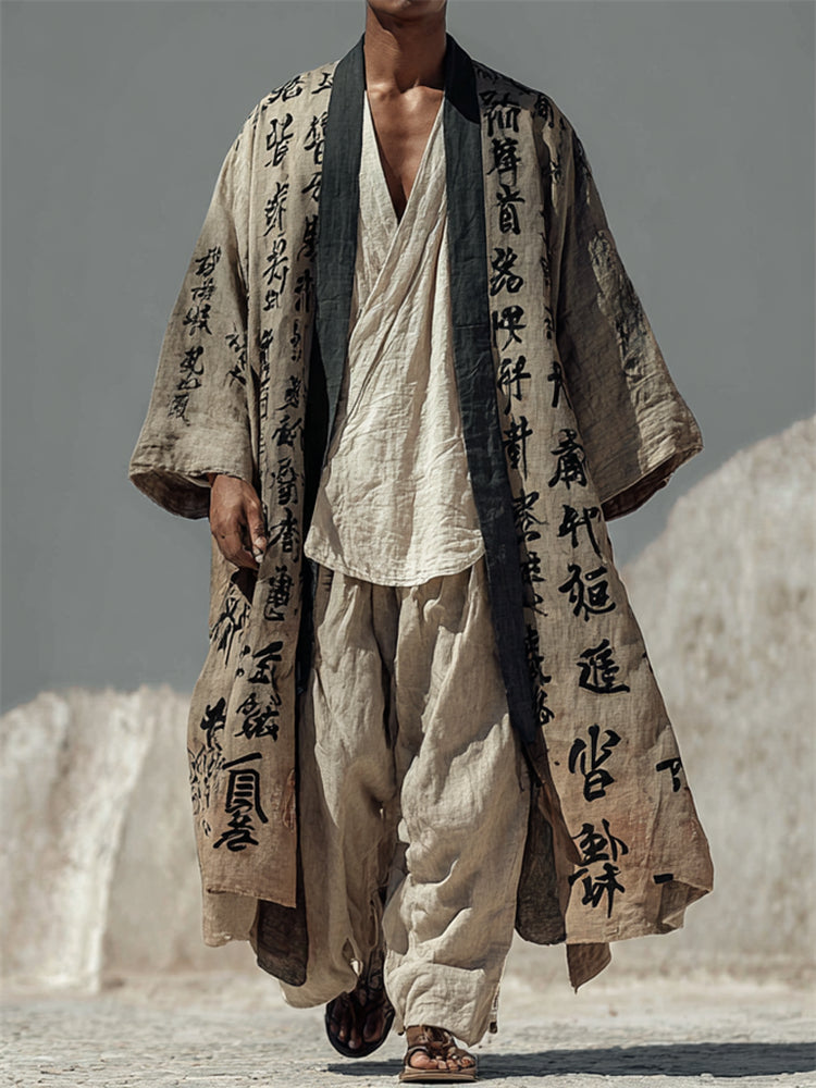 Men's Vintage Japanese Calligraphy Art Long Linen Kimono