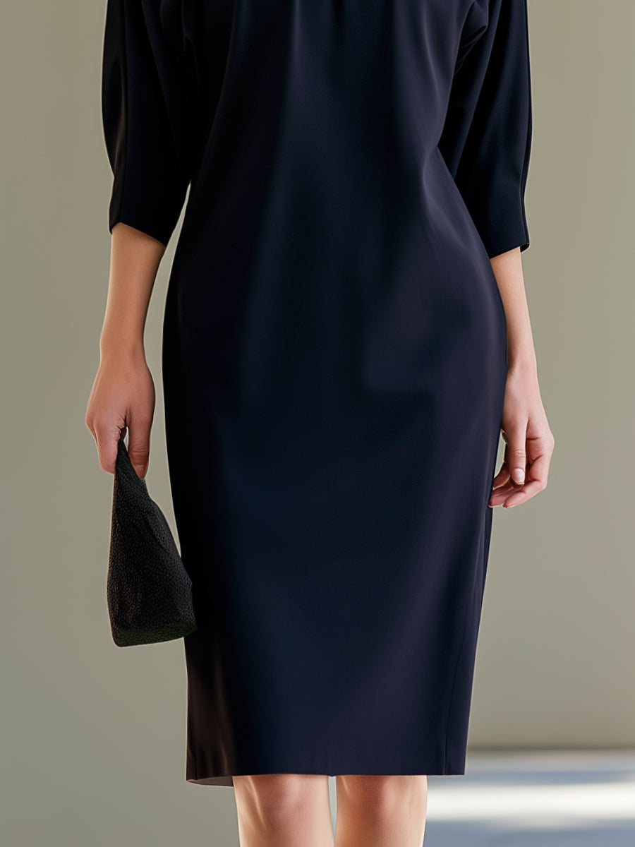 Pleated Neckline Dolman-Sleeve Midi Dress