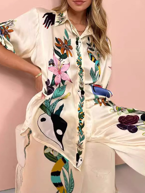 Buttoned Drawstring Elasticity Flower Print Pockets Half Sleeves Loose Lapel Two Pieces Set Pants Set