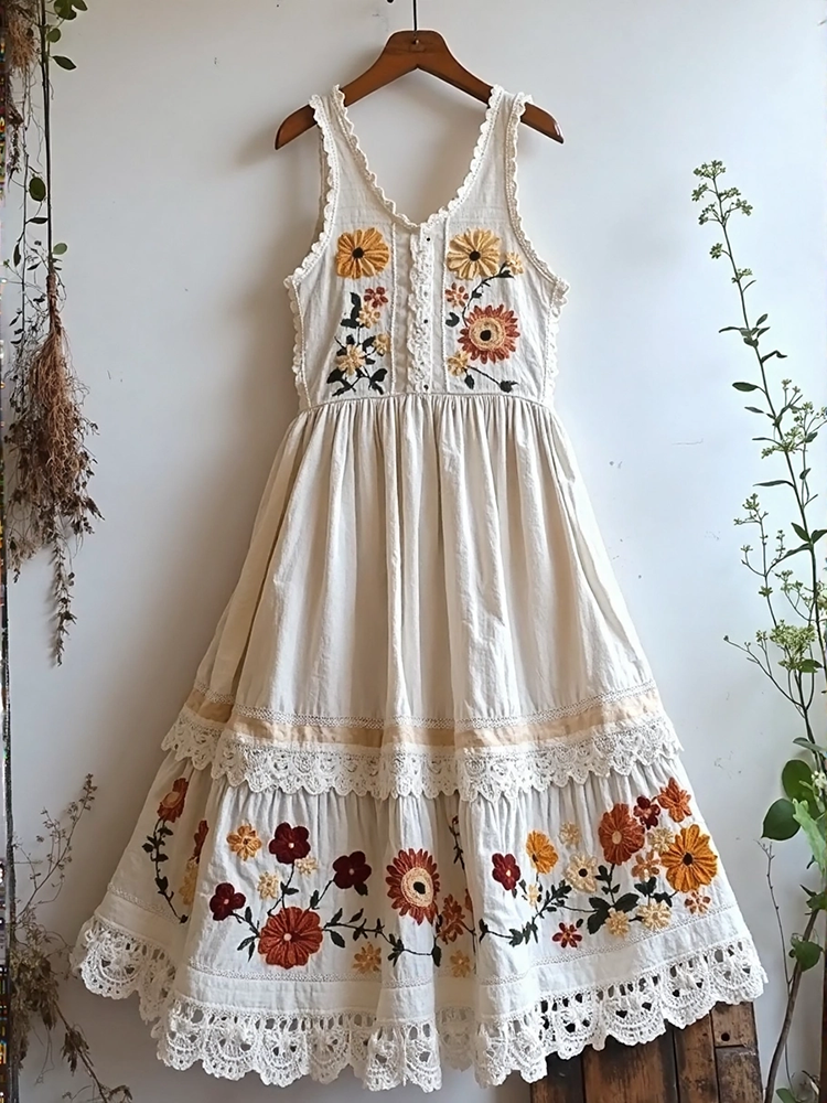 Vintage Lace Flowers Art Linen V Dress