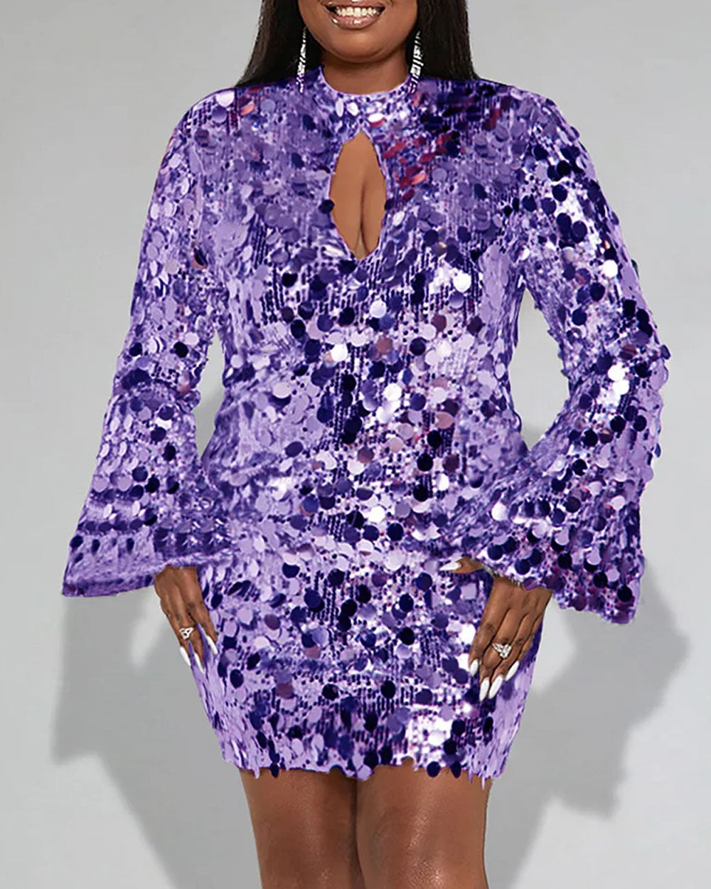 Plus Size Party Dress Silver Metallic Disco Sequin Trumpet Sleeve Mini Dress