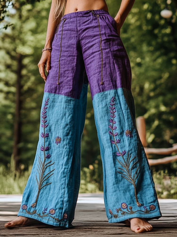 Vintage Bohemian Lavender Patchwork Art Printed Cotton Linen Wide Leg Pants