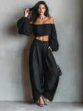 Gurtons Elegant Off-Shoulder Puff Sleeve Two-Piece Set - Flowy Wide Leg Pants Resort Wear