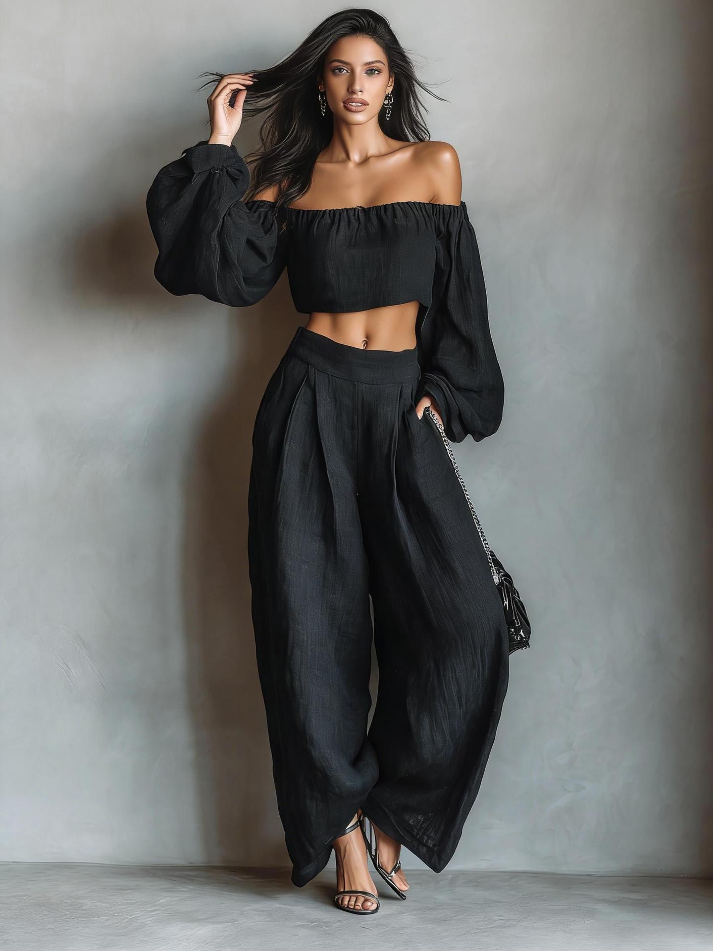 Gurtons Elegant Off-Shoulder Puff Sleeve Two-Piece Set - Flowy Wide Leg Pants Resort Wear