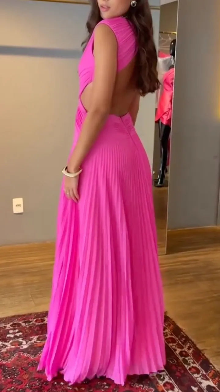 Neon Pink Cut-Out Pleated Maxi Dress