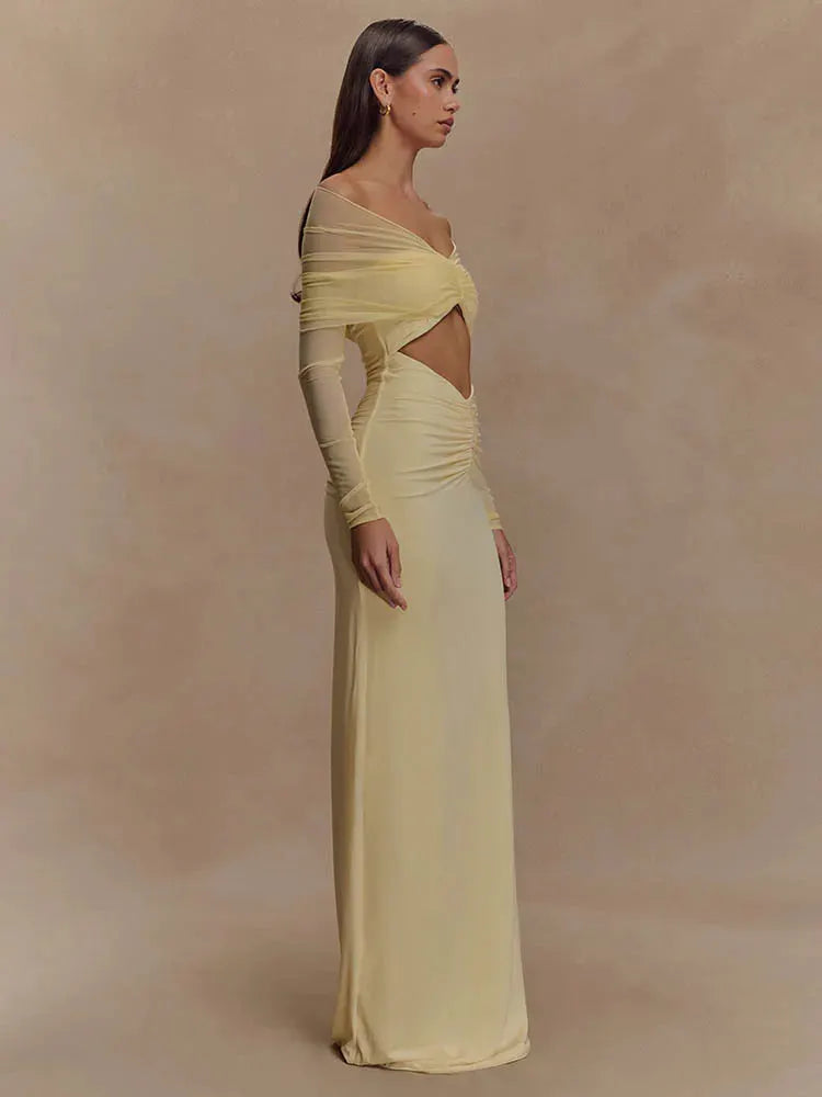 Avielle Off-Shoulder Mesh Bodycon Maxi Dress – Twist Front Ruched Cut-Out Gown for Weddings and Evening Occasions
