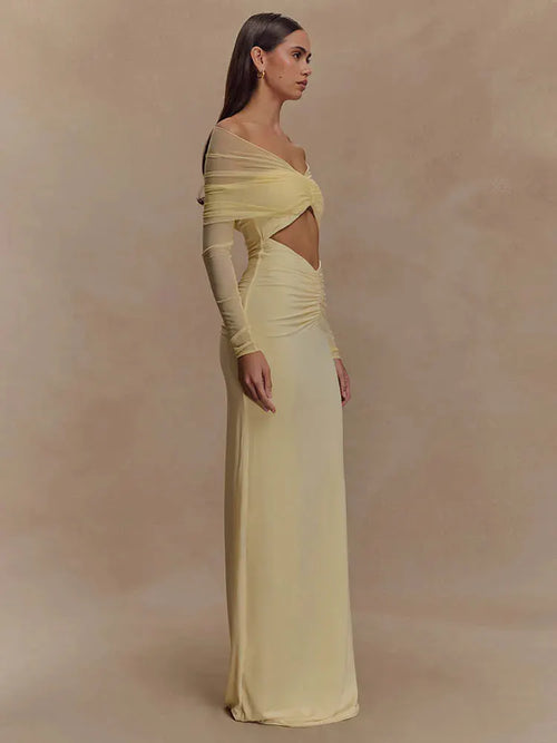 Avielle Off-Shoulder Mesh Bodycon Maxi Dress – Twist Front Ruched Cut-Out Gown for Weddings and Evening Occasions