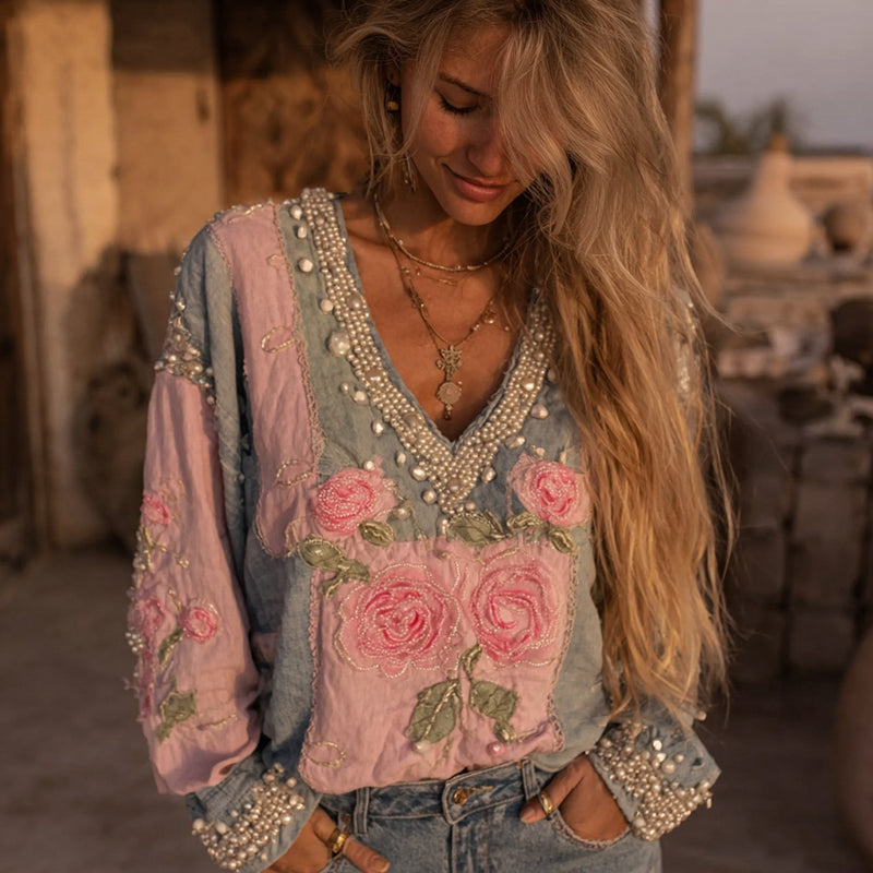 Women's Pink Rose Embroidered Denim Patchwork Linen Shirt